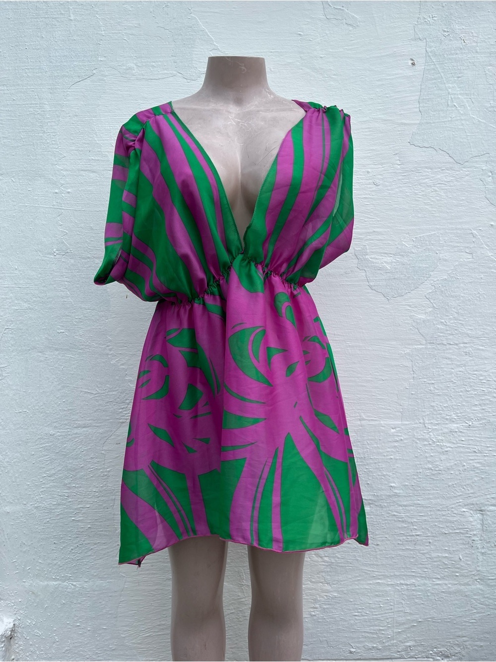 Famosa Fuchsia and Green Plunge V-Neck Mini Dress